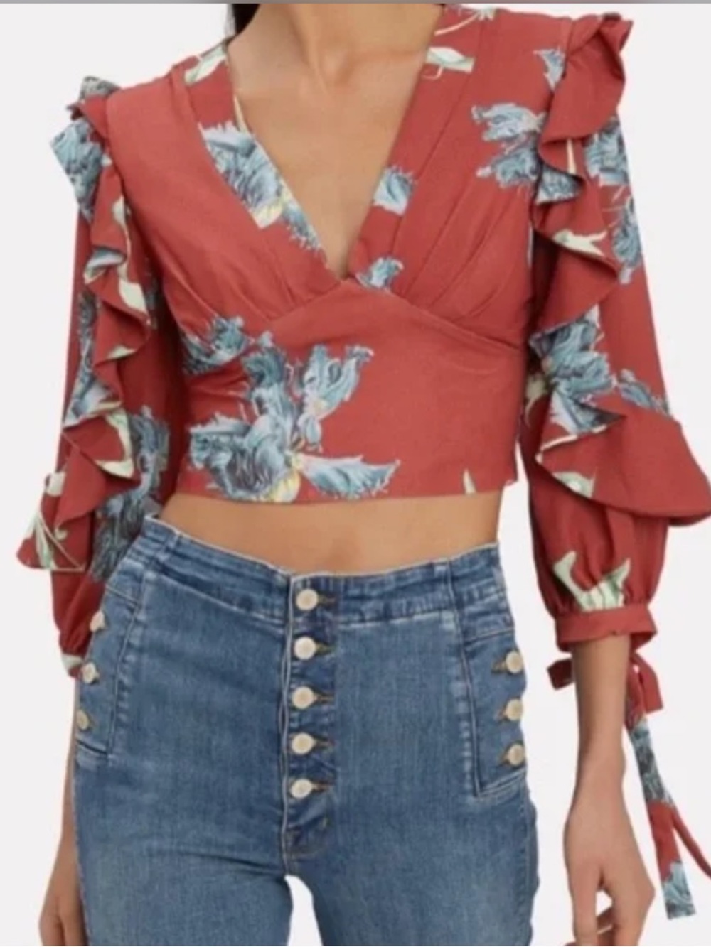 PATBO NWT Floral Ruffle Front Crop Top in Crimson size 2 V-Neck